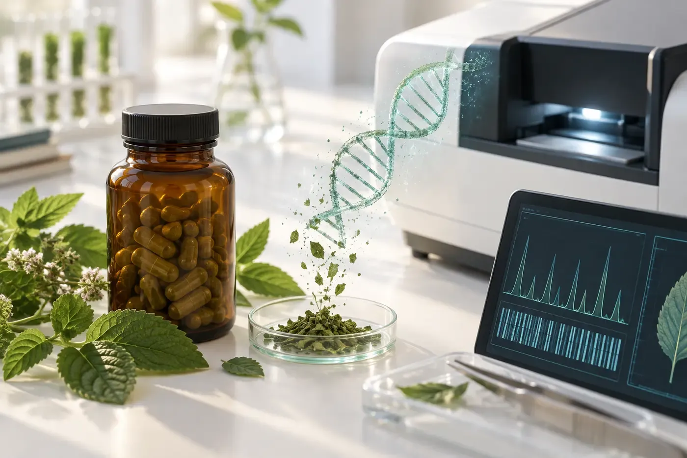 Herbal supplement bottle and plant sample being examined with DNA analysis in a laboratory.