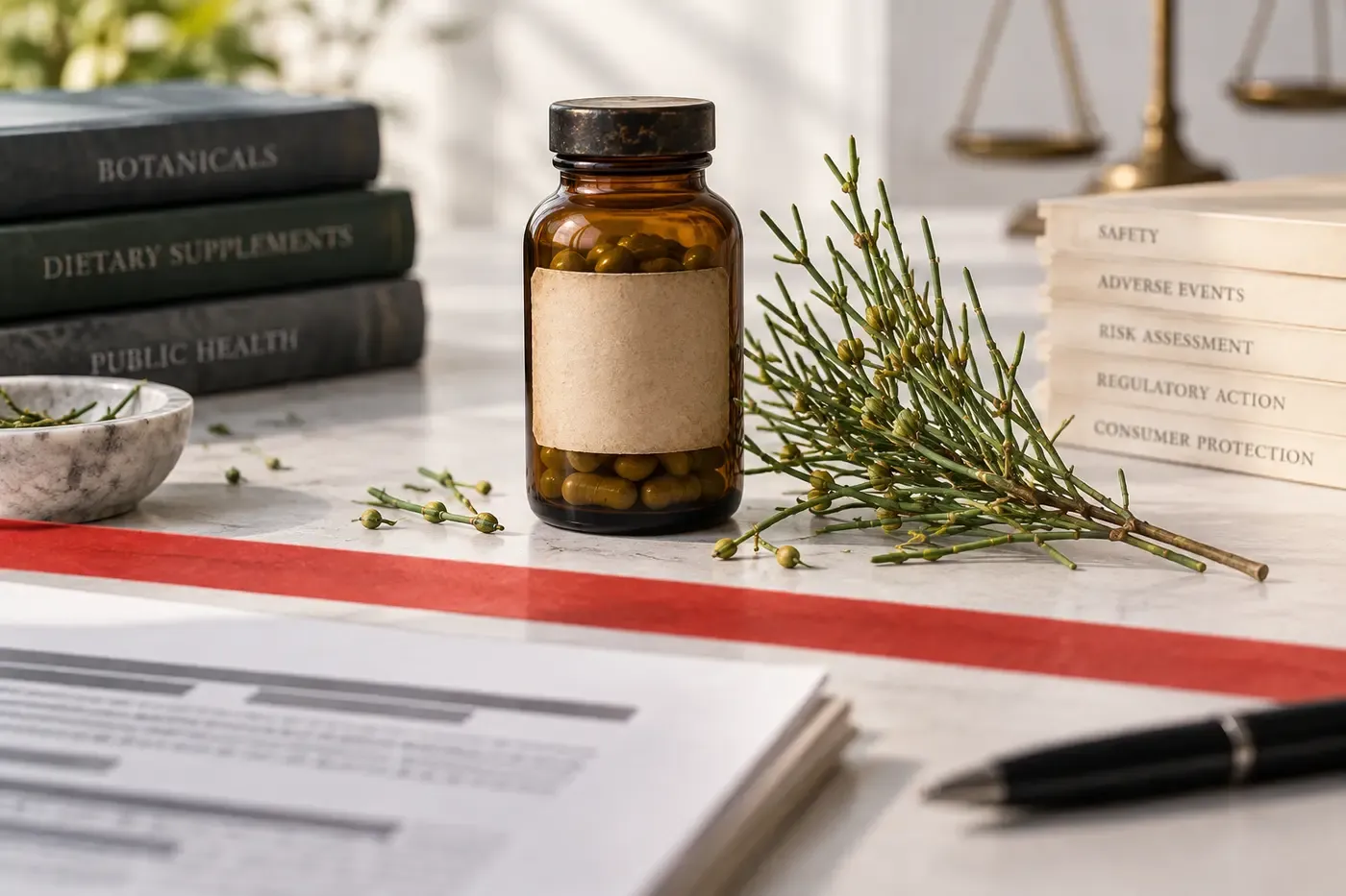 Unbranded herbal supplement bottle and ephedra plant positioned behind a regulatory boundary.
