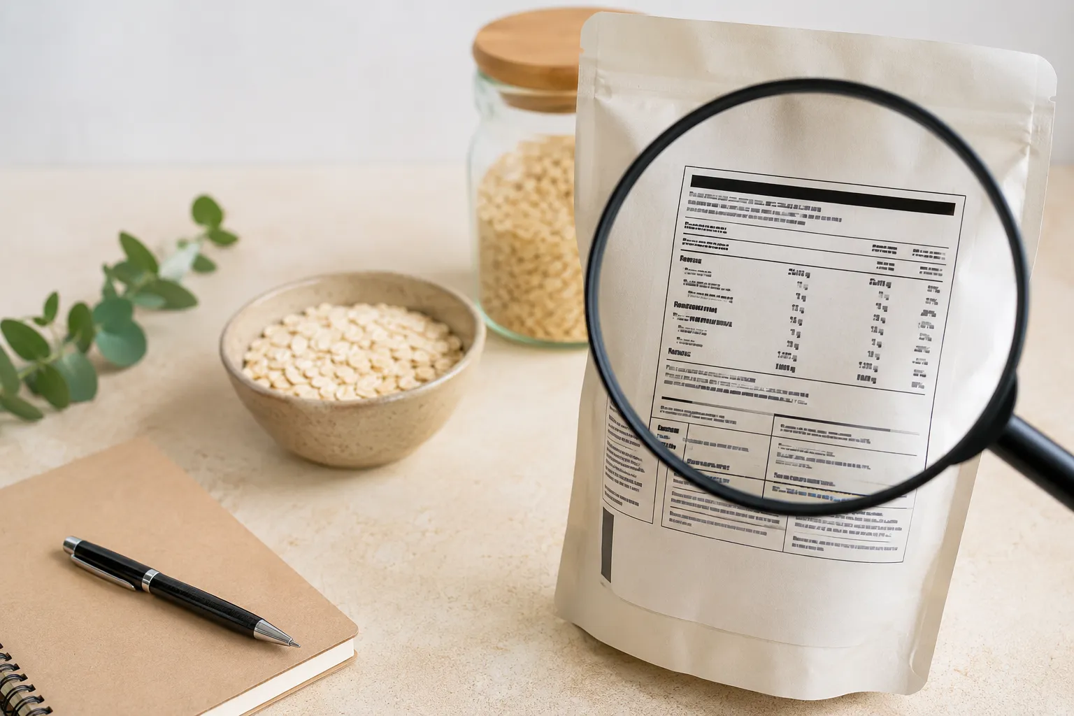 A food package examined with a magnifying glass