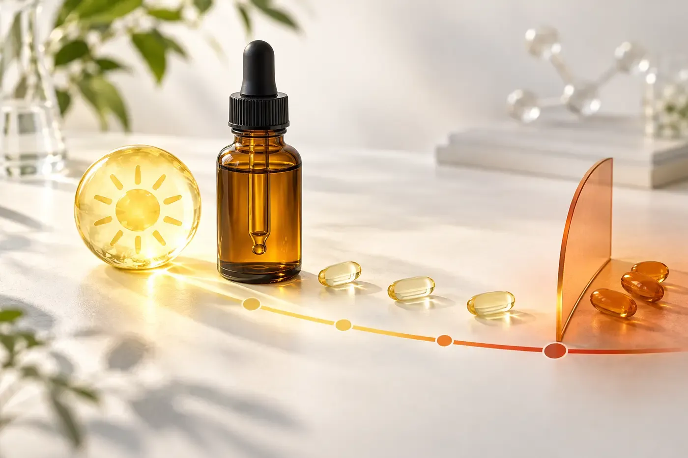 Vitamin D bottle and capsules arranged along a visual progression toward an upper-limit boundary.