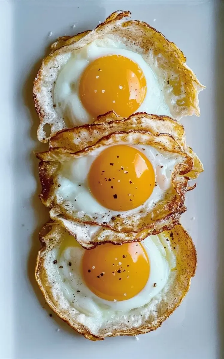 Fried eggs stacked on a white plate