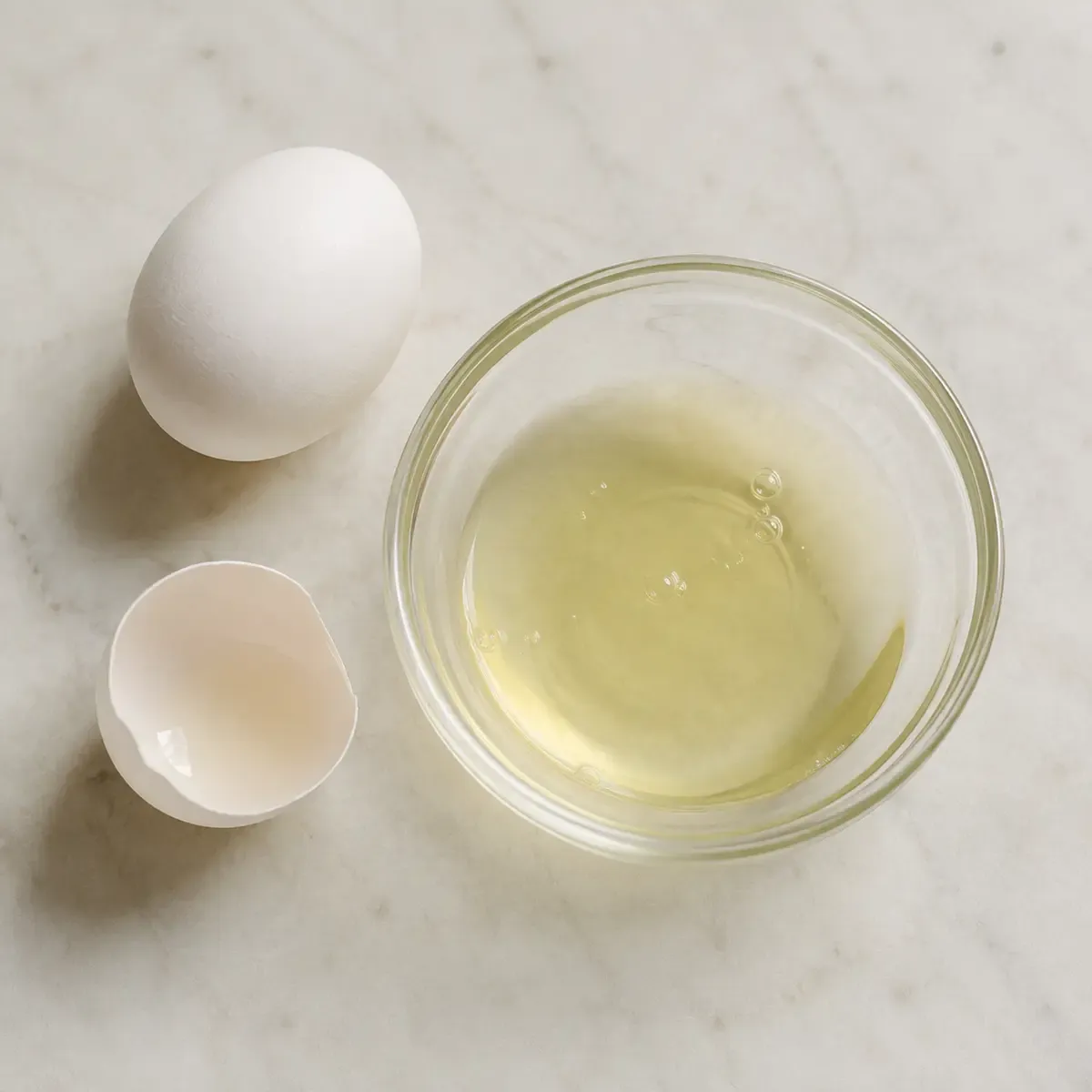 A bowl of egg white beside a whole egg and eggshell