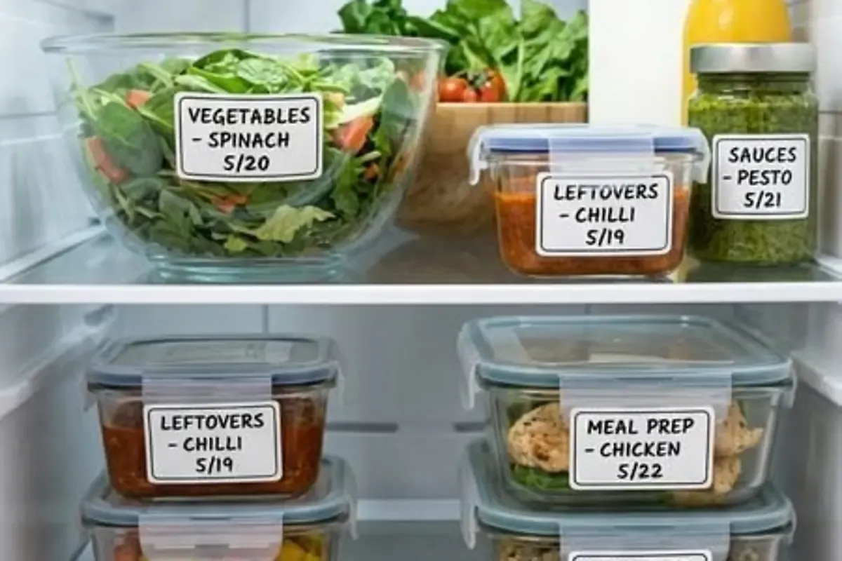 Labelled containers of vegetables, leftovers and prepared chicken stored on refrigerator shelves
