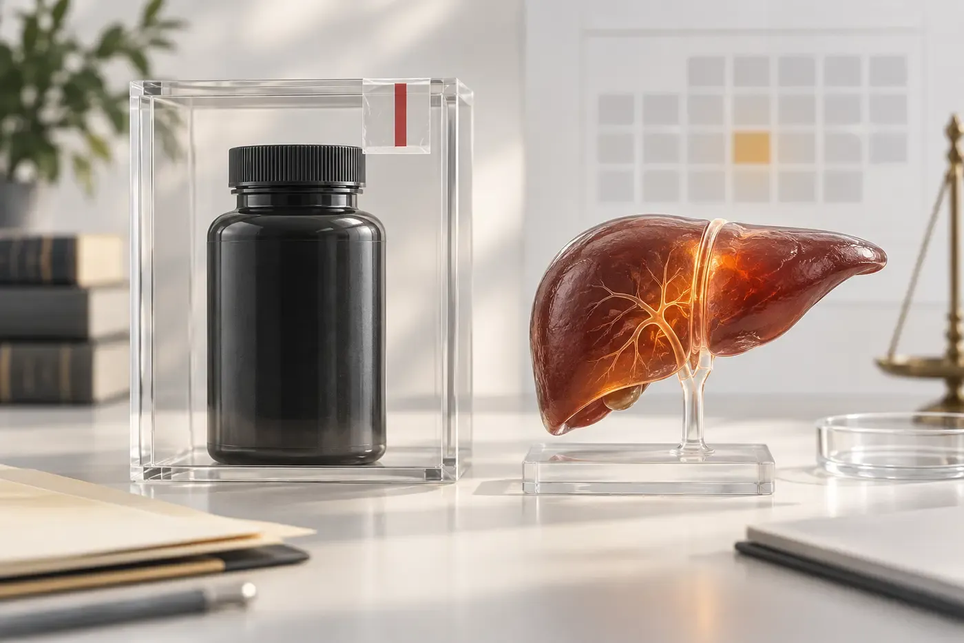 Unbranded supplement bottle in an evidence enclosure beside a laboratory liver model.