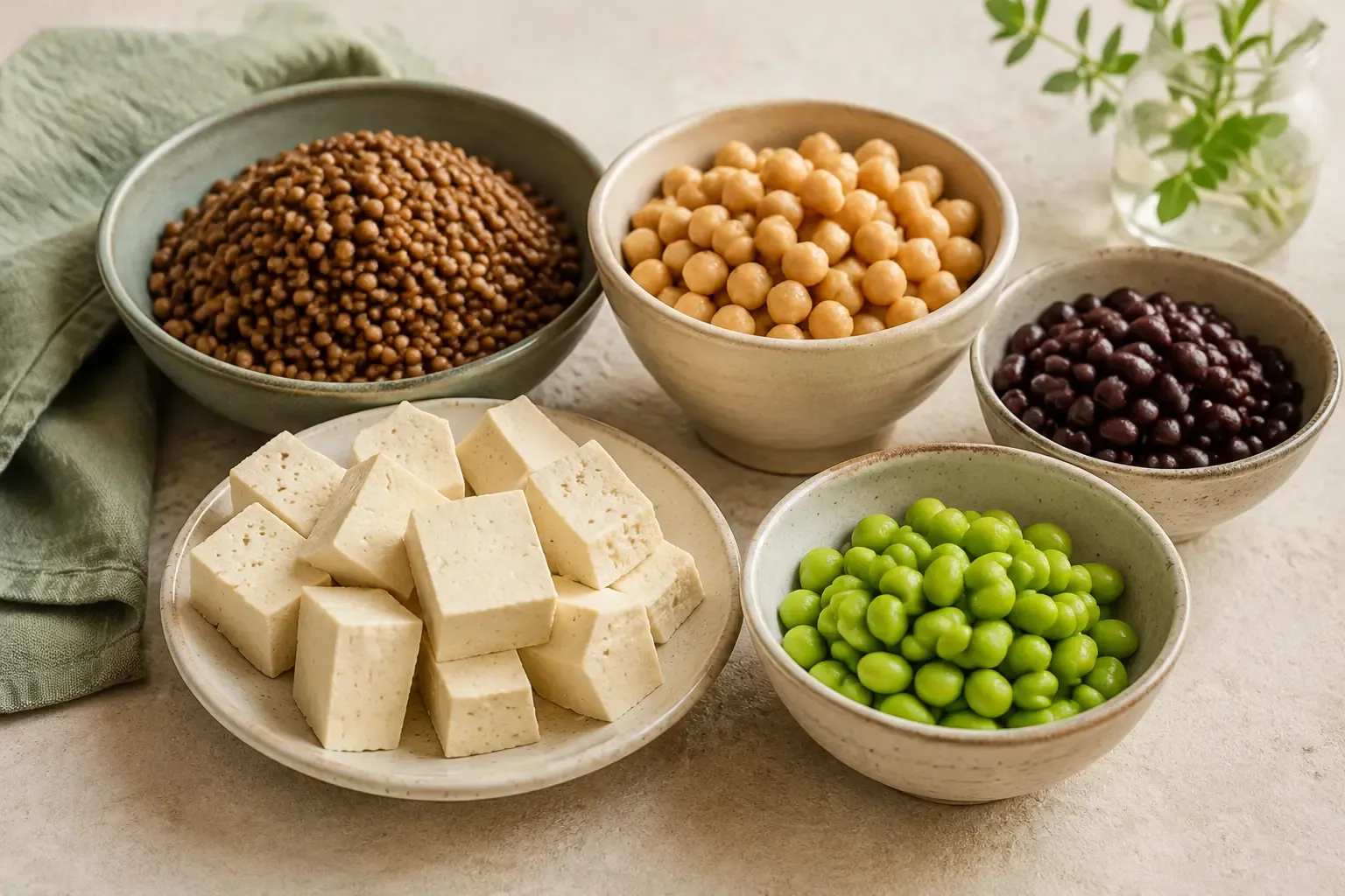 Tofu, lentils, chickpeas, black beans and edamame arranged in ceramic bowls