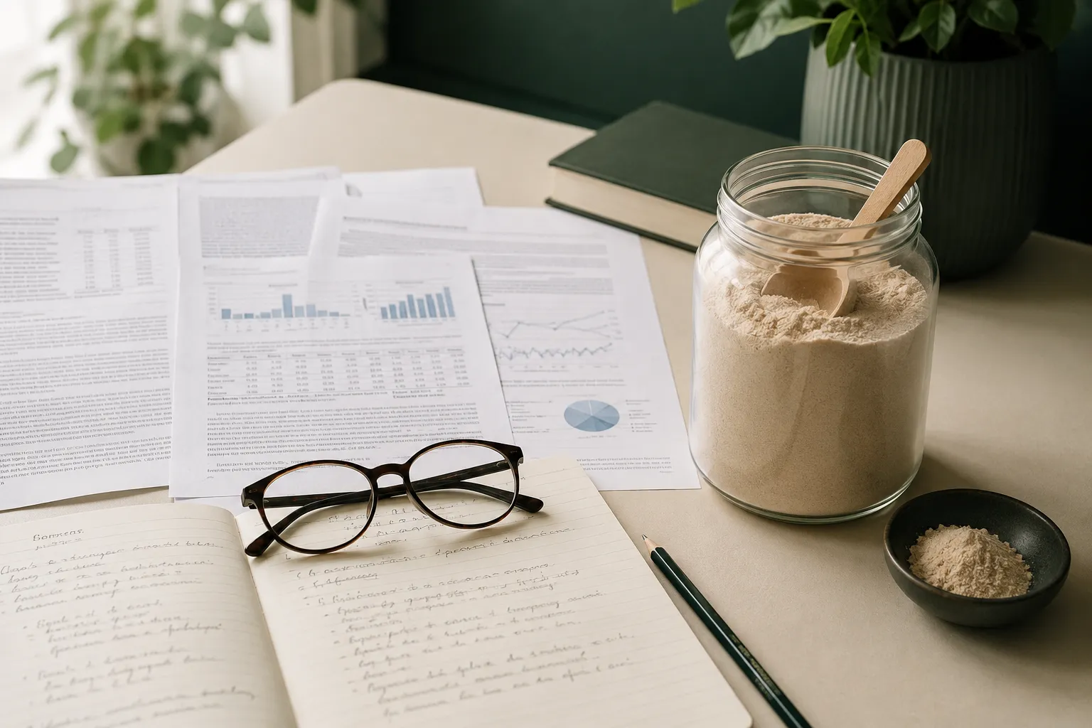 Research papers and an unbranded jar of protein powder on a desk