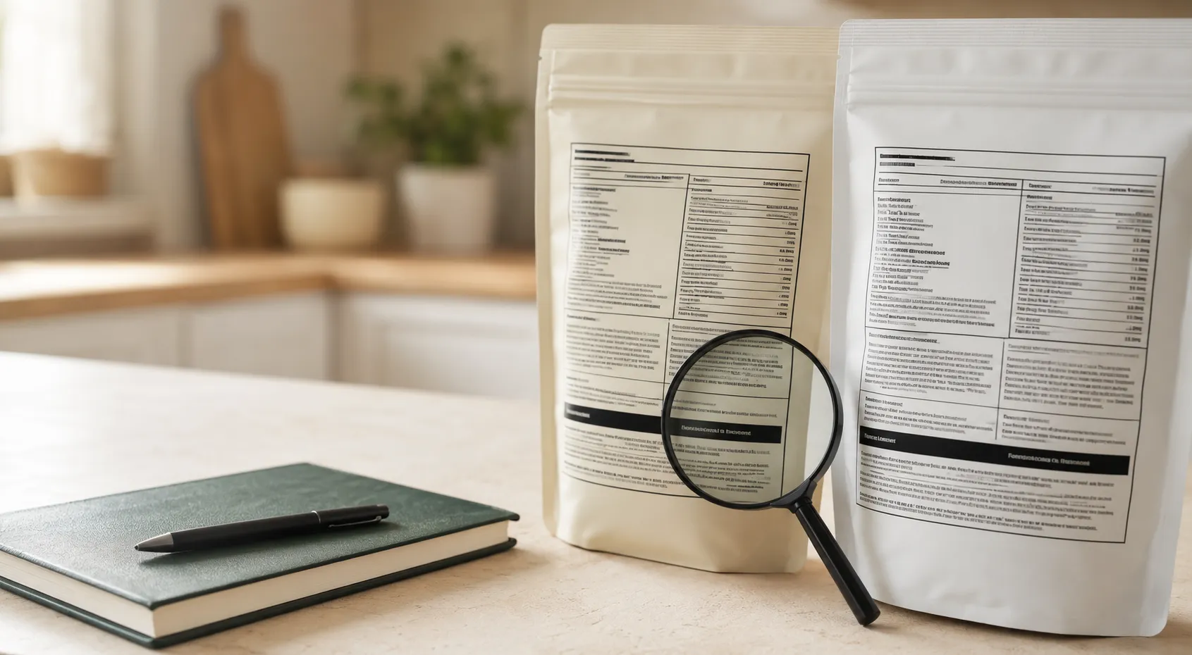 Two unbranded protein-powder packages compared with a magnifying glass
