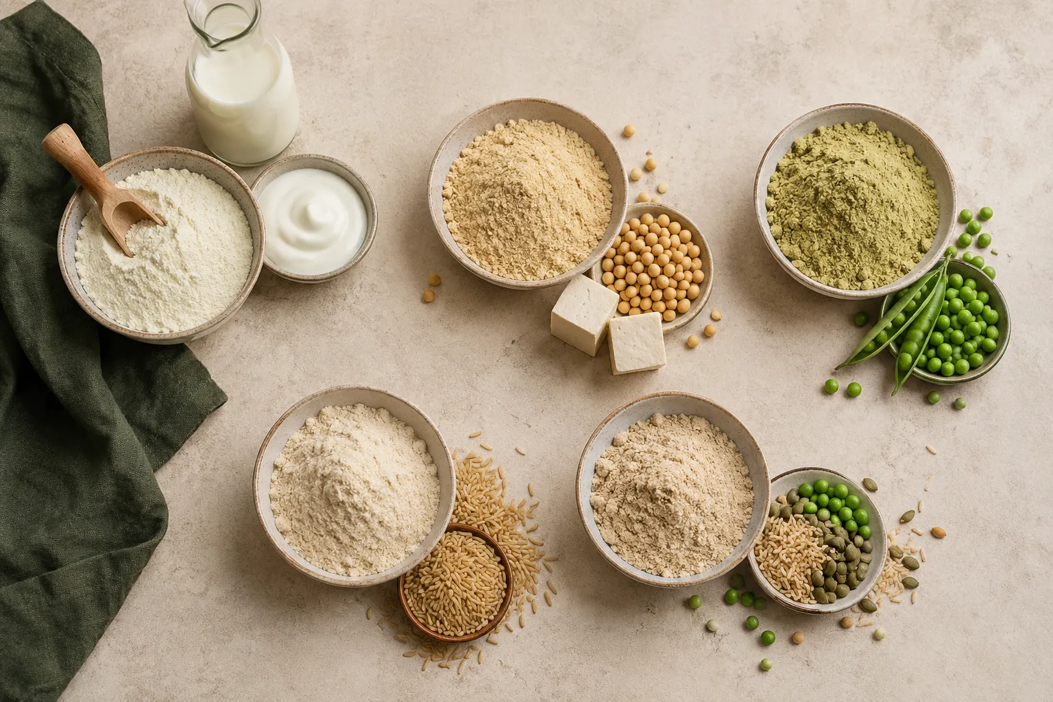 Unbranded dairy and plant protein powders beside their food sources
