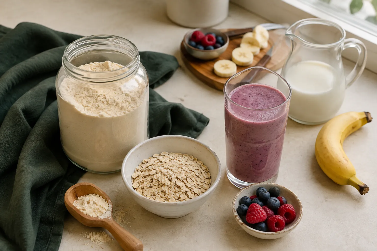 Unbranded protein powder with oats, fruit and a smoothie