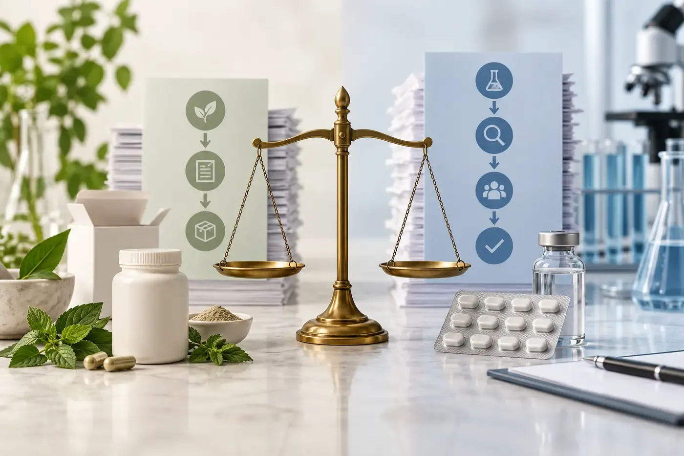 A balance scale separating botanical supplements from medicines and laboratory testing.