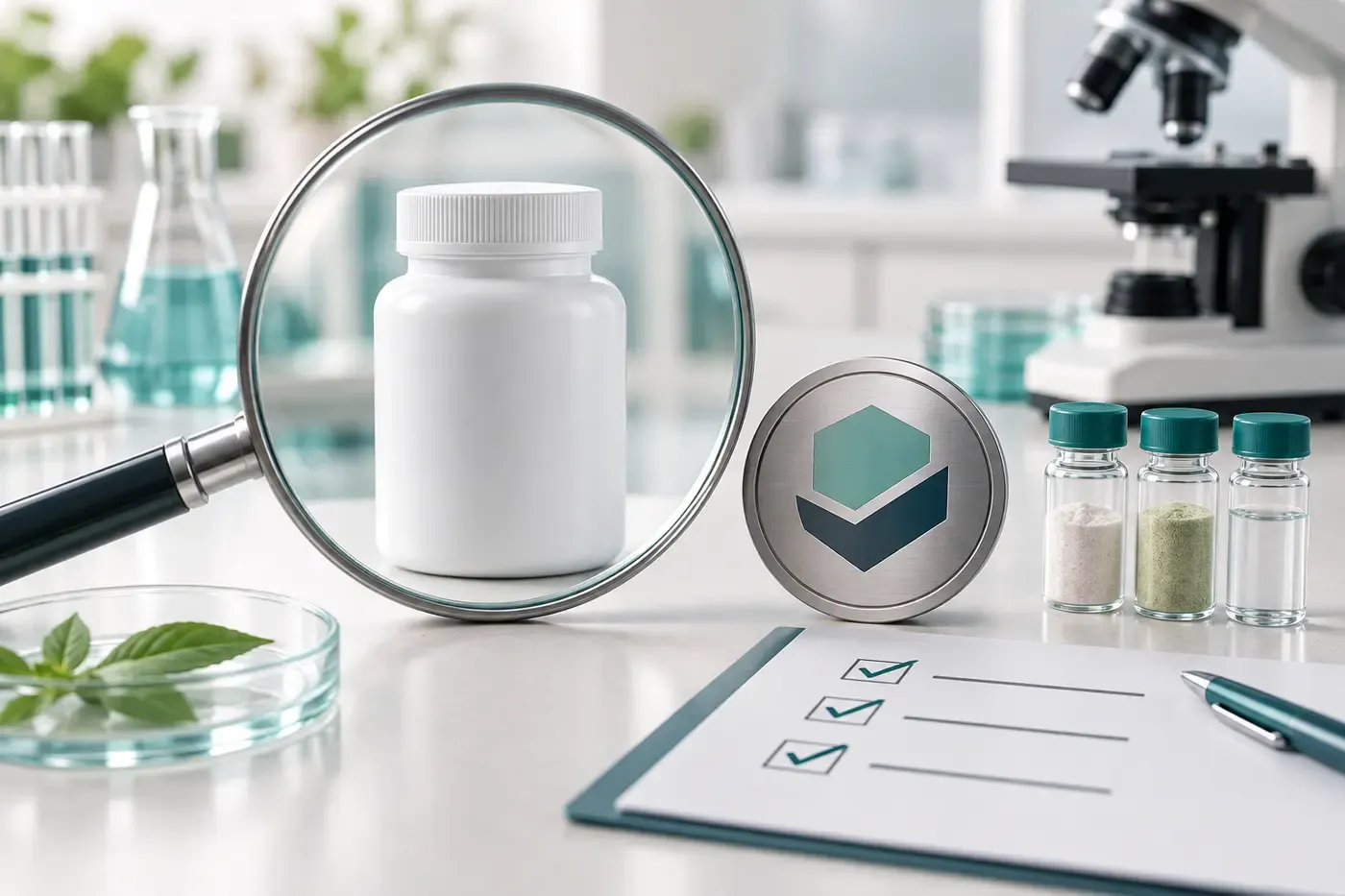 Unbranded supplement bottle inspected through a magnifying glass beside laboratory samples and a testing seal.